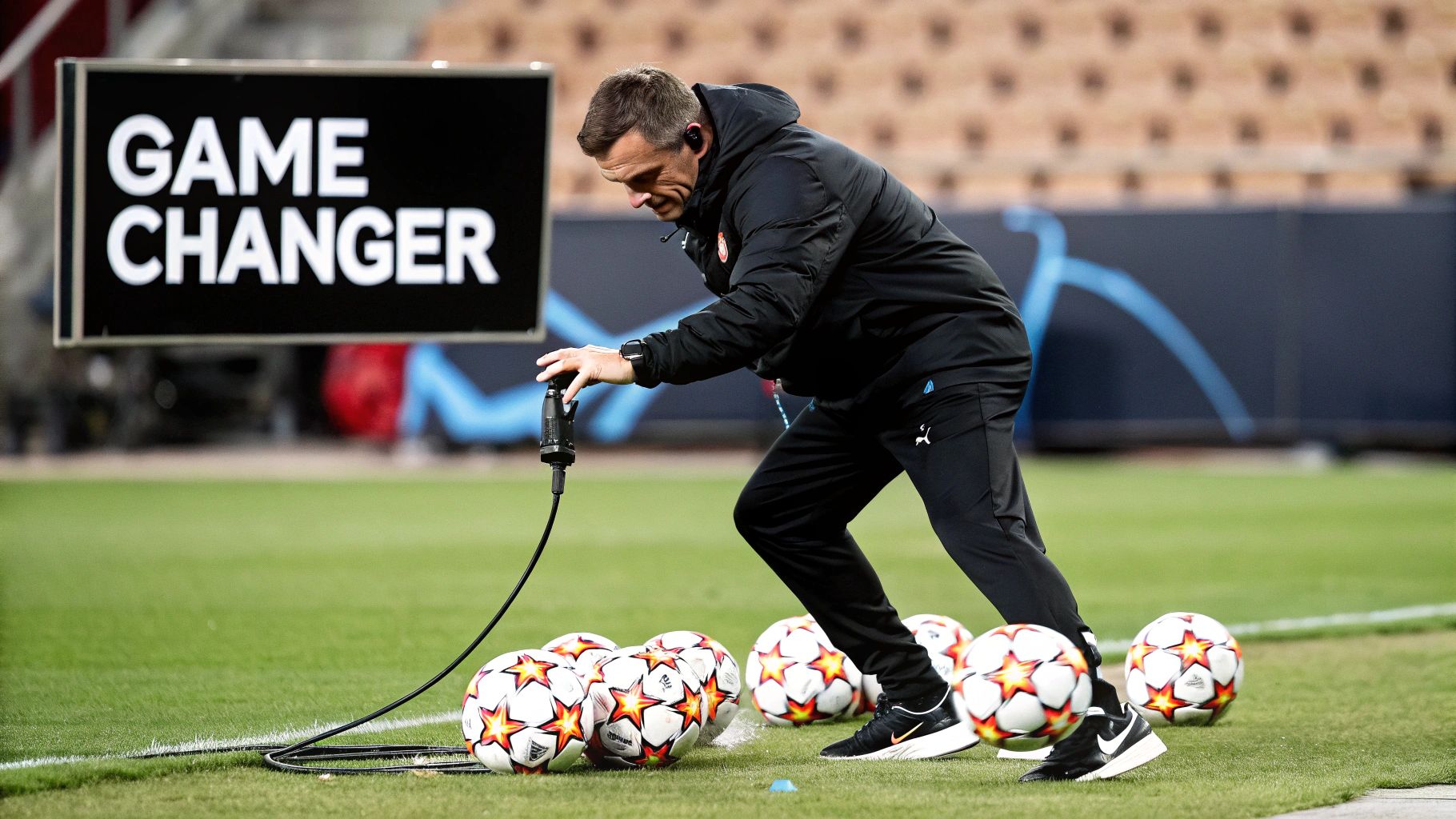 A person using a modern electric football pump to inflate a football pitch-side.