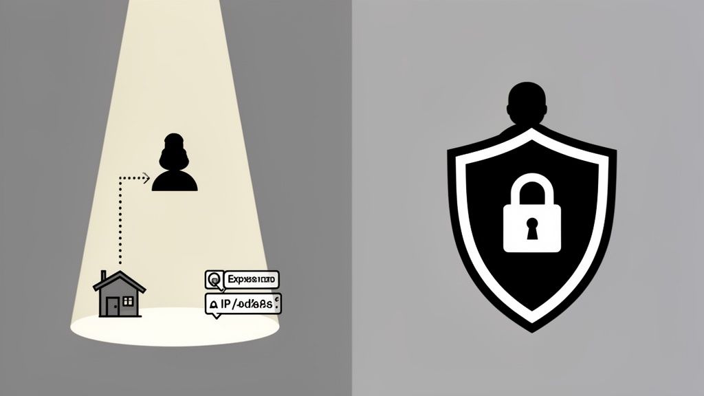 Illustration showing a user's home and online data under a spotlight, contrasted with a shield and padlock icon for privacy protection.