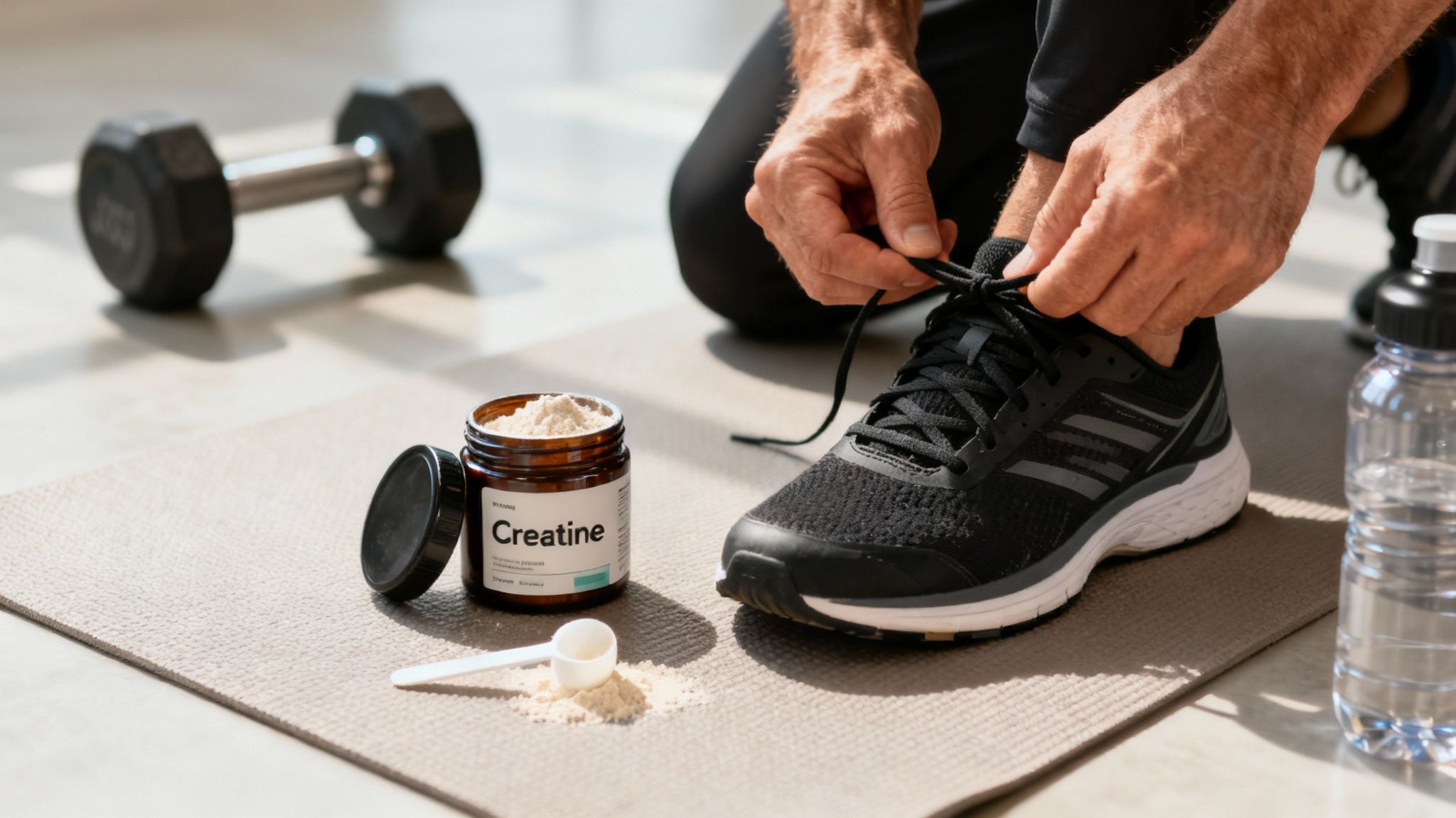 Man exercising with weights in a gym setting