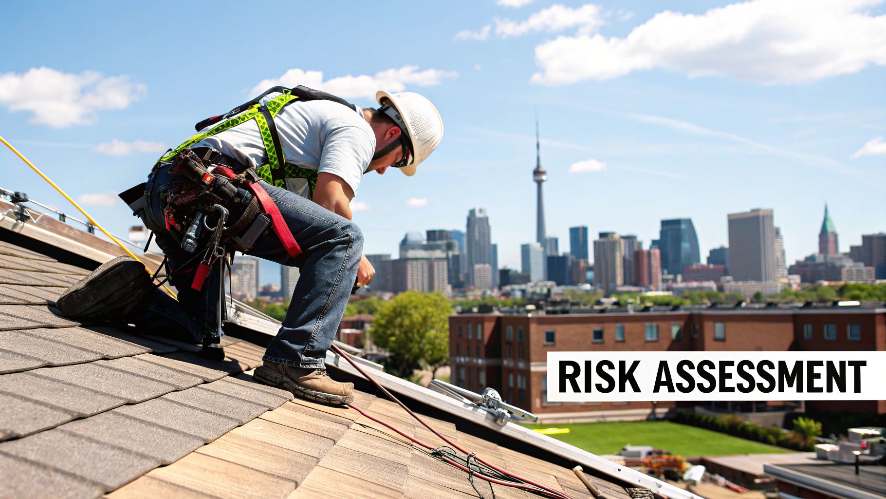 A surveyor using equipment on a construction site with a high-rise building in the background.