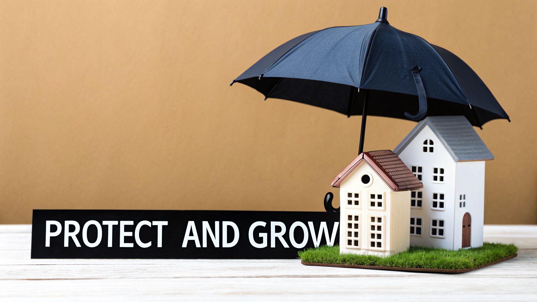 Two model houses protected by a black umbrella, next to a sign saying 'PROTECT AND GROW'.