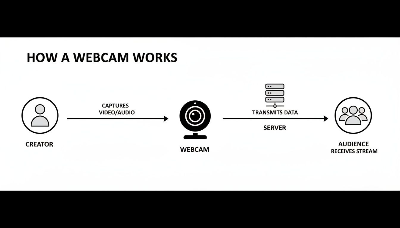 Diagram illustrating how a webcam works: a creator captures video/audio, sent via a webcam and server to an audience.