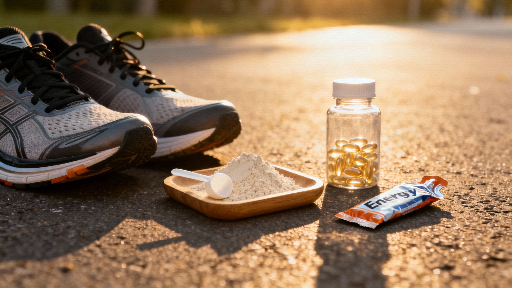 Running shoes, protein powder, supplements, and an energy gel on a road at sunset, symbolizing runner's nutrition.