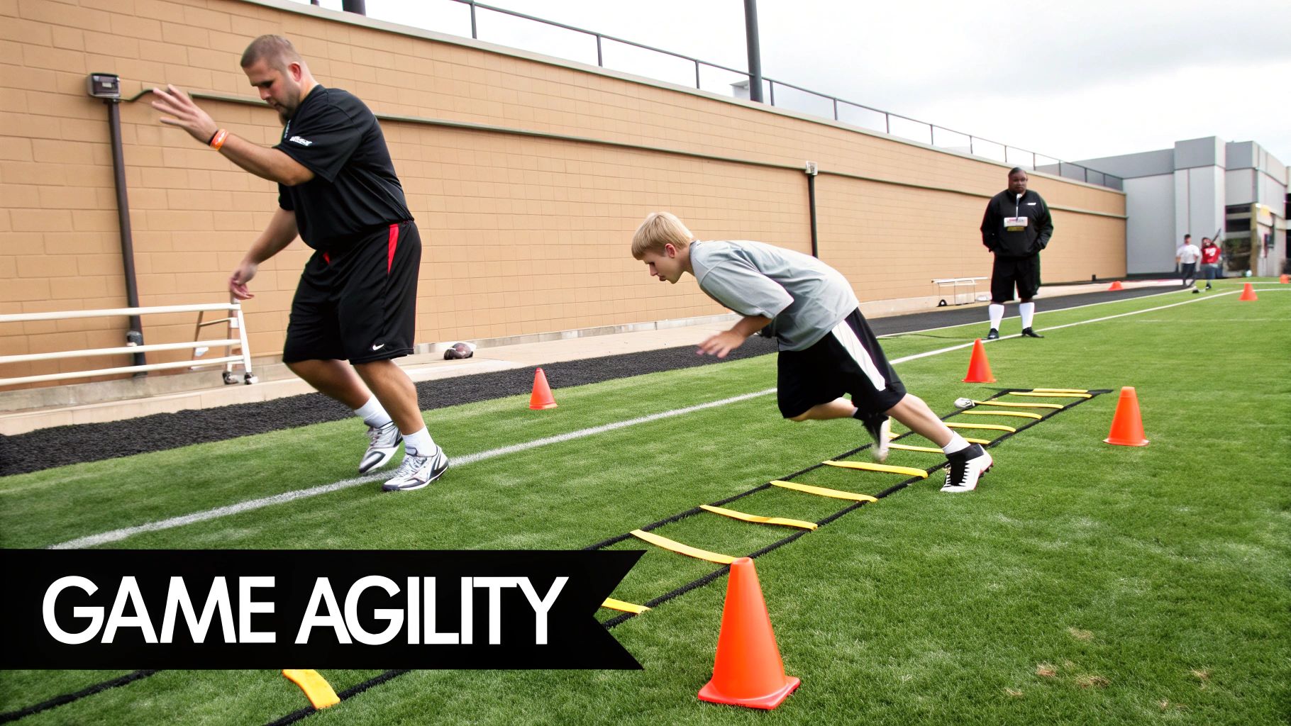Young athlete performing agility ladder drills on a green turf field with coaches observing, focusing on game agility.