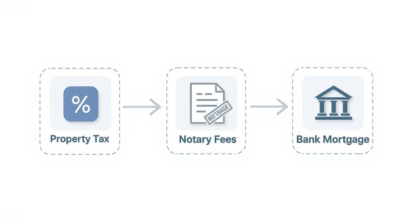 Property buying process flowchart showing property tax, notary fees, and bank mortgage steps in Andorra