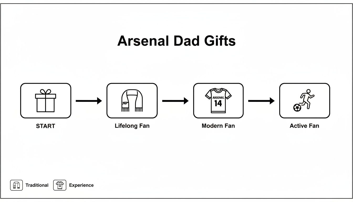 Flowchart presenting Arsenal gift ideas for dads: traditional scarves, modern jerseys, and active fan experiences.