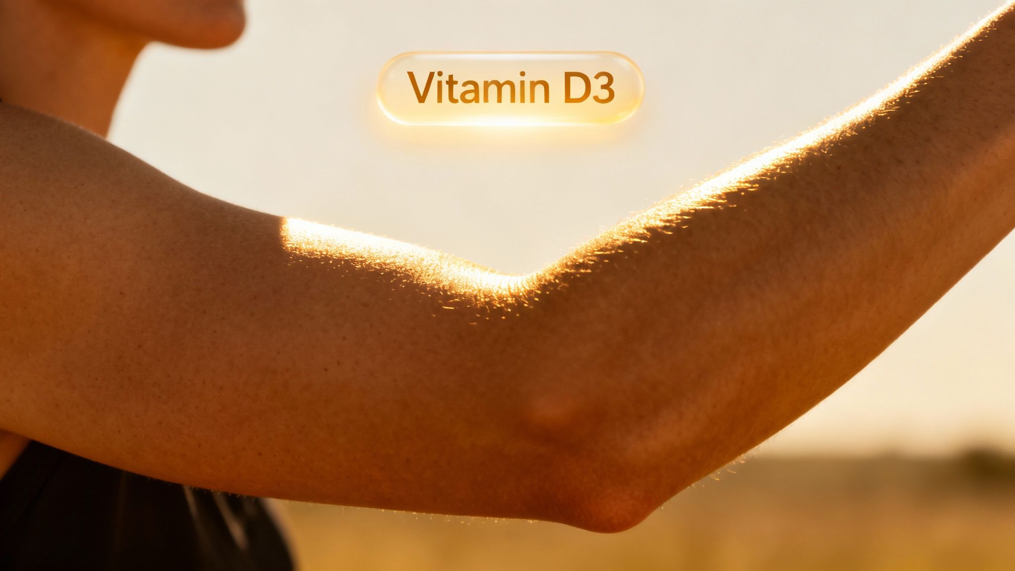 A person's arm exposed to golden sunlight, with a glowing 'Vitamin D3' graphic overhead.