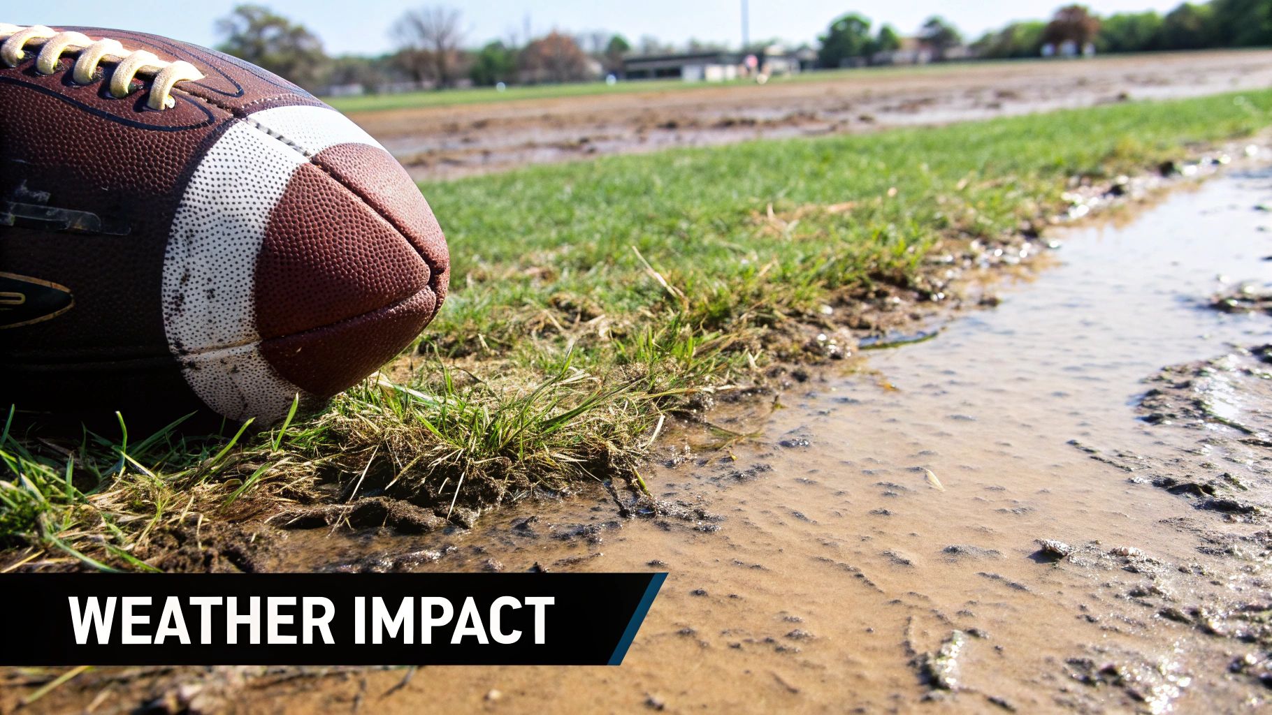 A football sitting on a wet, muddy pitch during a rainy day
