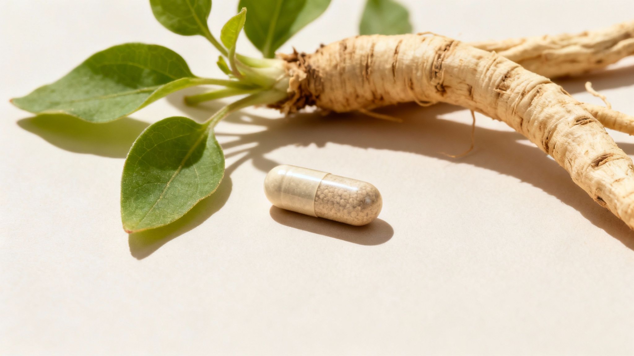 A calm man meditating outdoors, with supplement bottles for Ashwagandha and Magnesium subtly placed nearby.