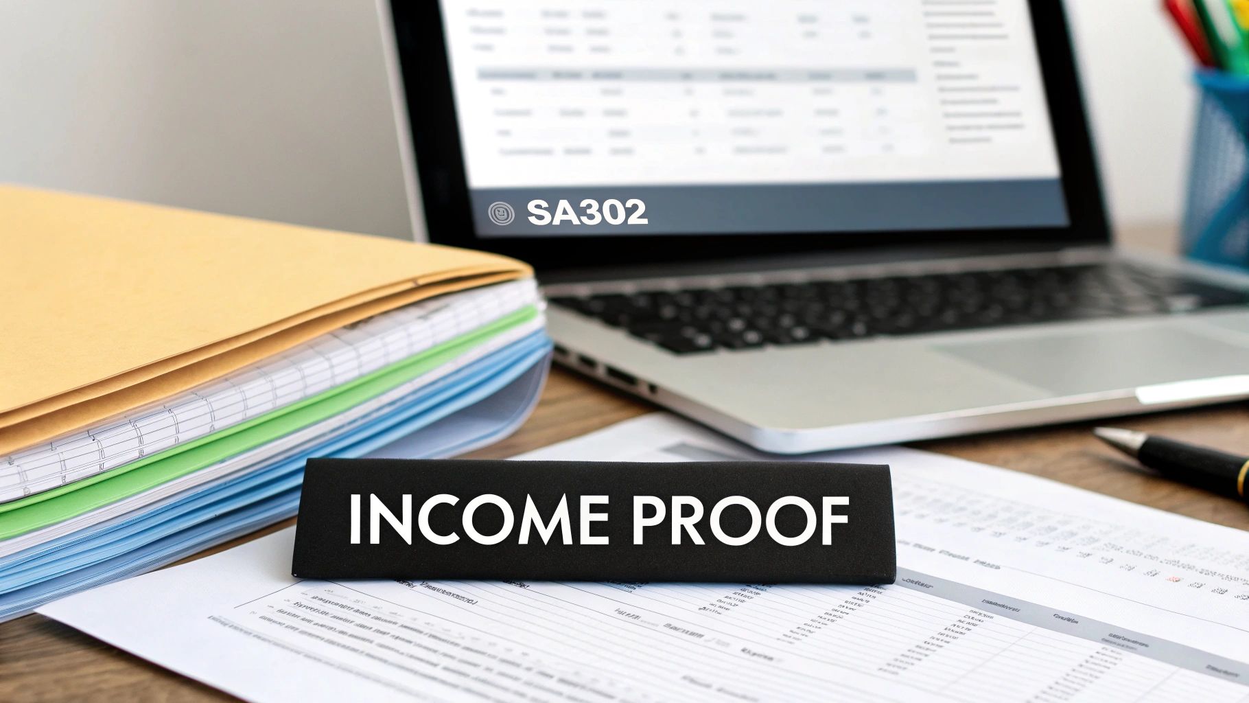 A person at a desk organising documents and looking at a laptop.