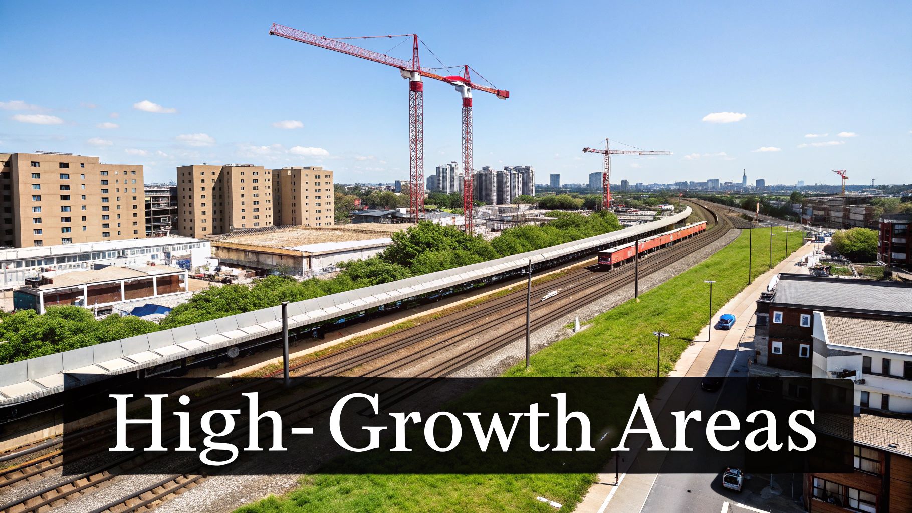 An aerial view of an urban landscape with multiple construction cranes, buildings, a train, and tracks under a clear sky, symbolizing growth.
