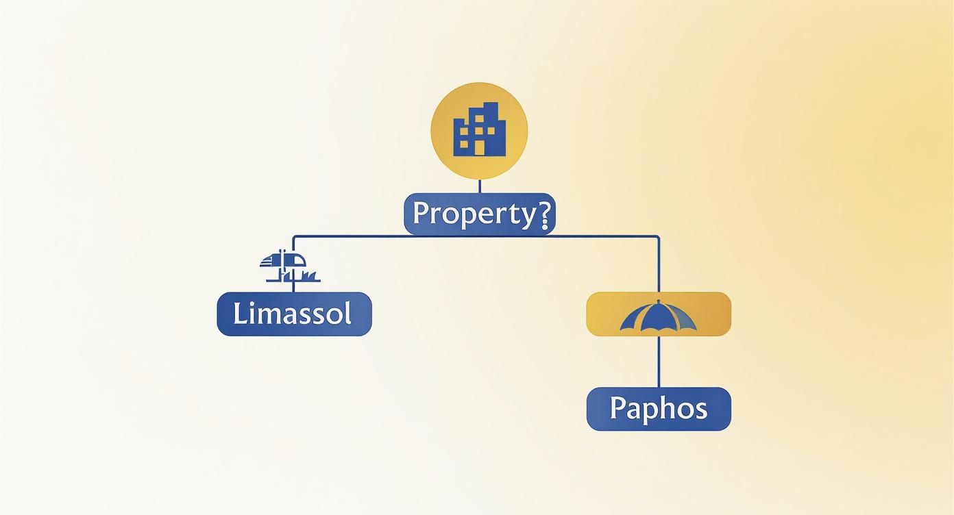 A flowchart showing property options related to Limassol and Paphos cities in Cyprus.