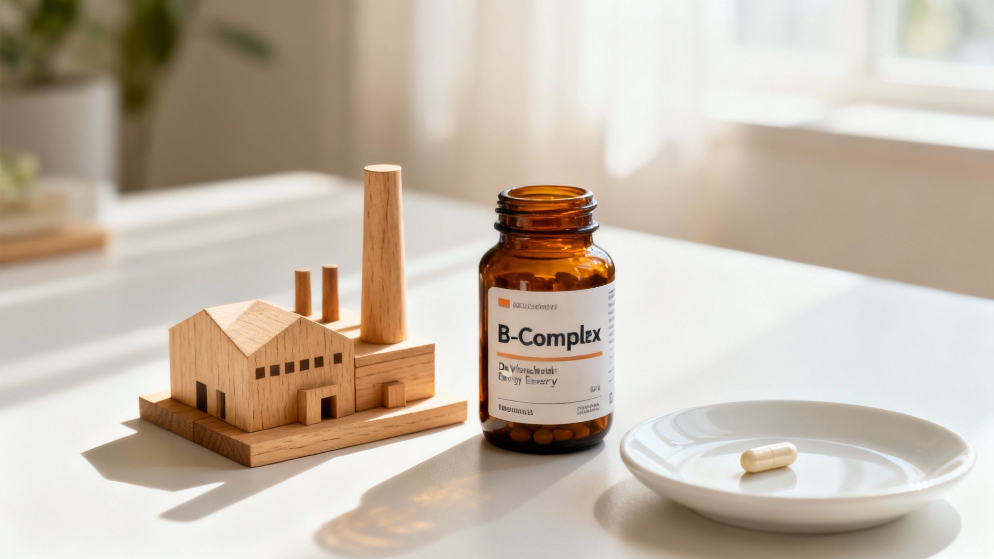 A wooden factory model, a B-Complex vitamin bottle, and a single capsule on a plate.