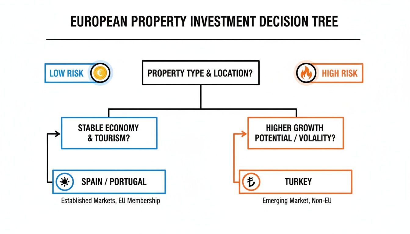 A decision tree illustrating European property investment choices, categorizing countries by risk level and market characteristics.