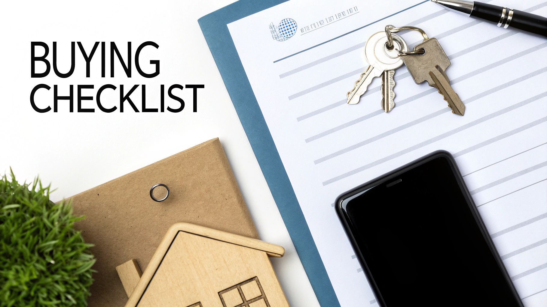A 'BUYING CHECKLIST' text, house keys, a document, a wooden house model, and a smartphone on a white surface.
