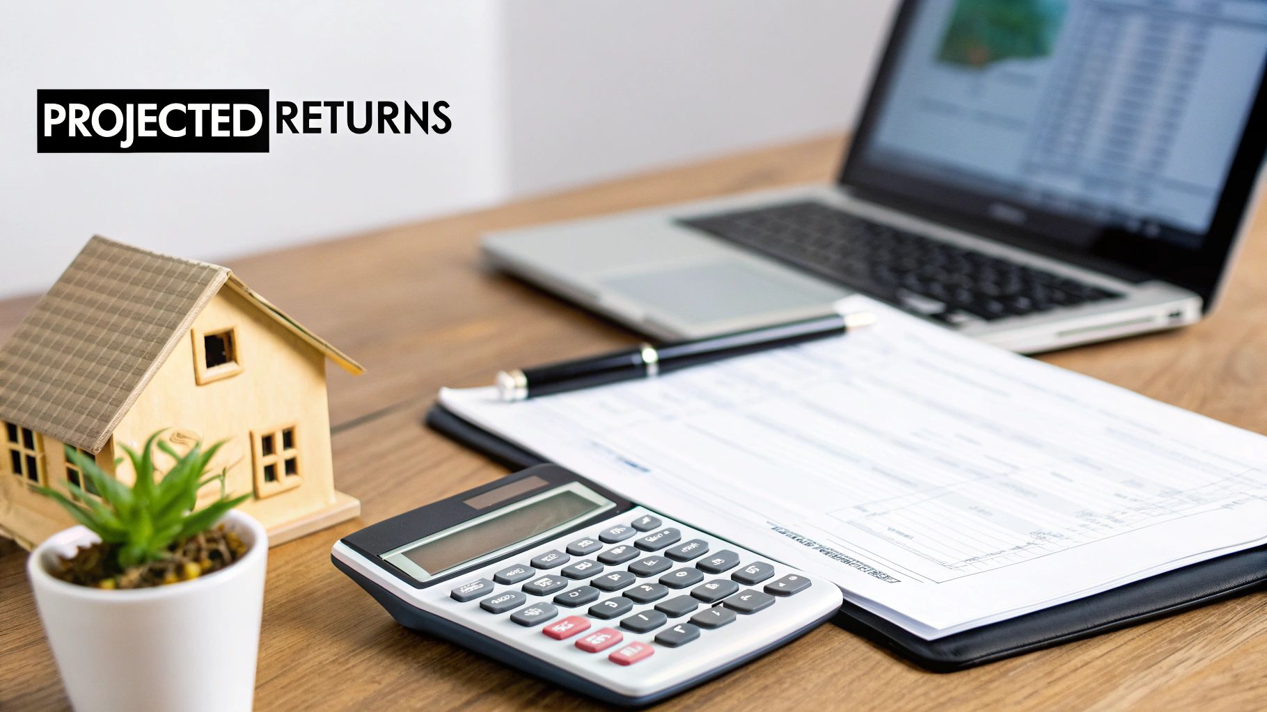 Real estate investment planning with calculator, model house, financial documents and laptop on desk