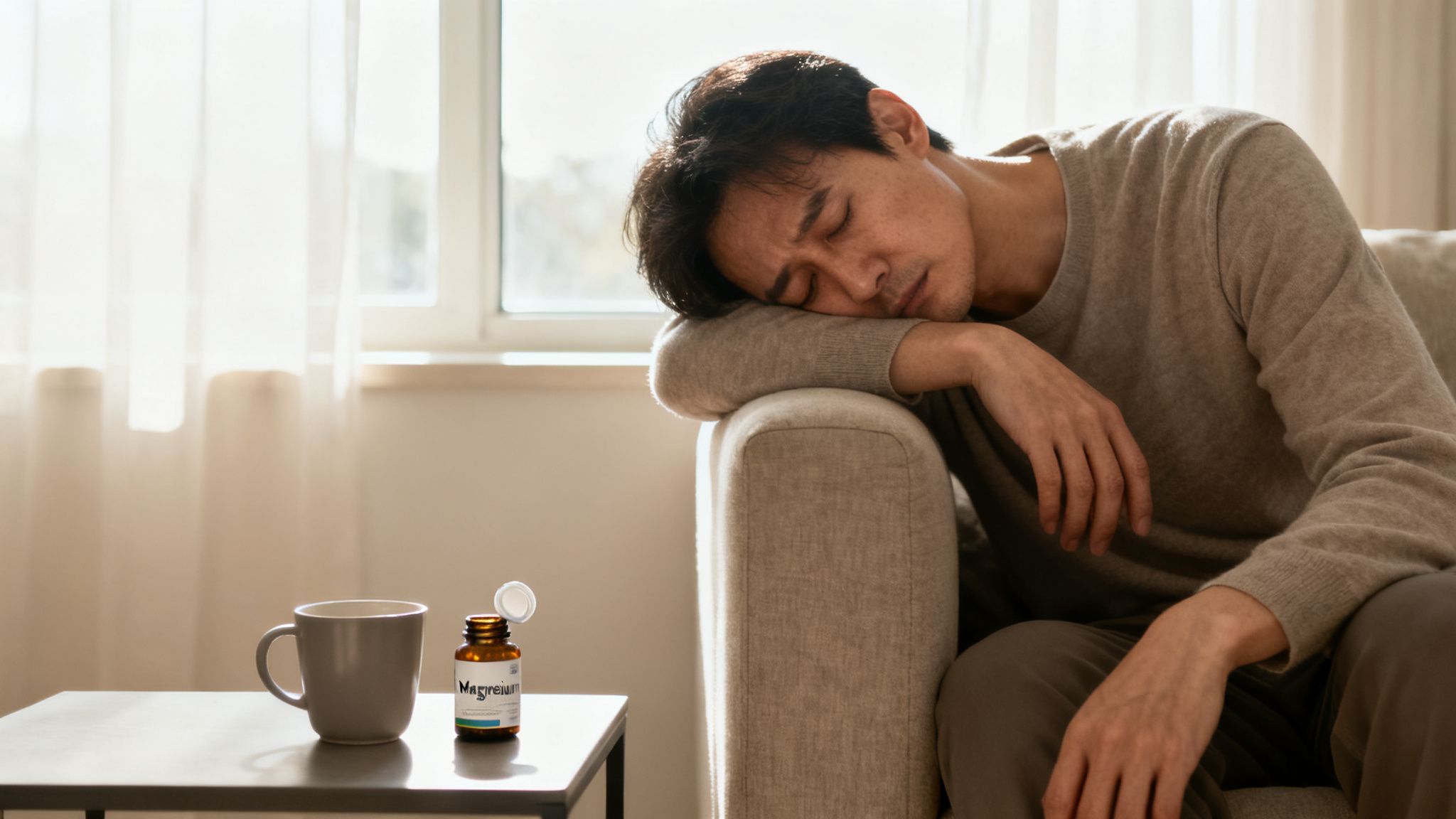 A tired man rests his head on a sofa armrest, with a bottle of magnesium and a mug nearby.