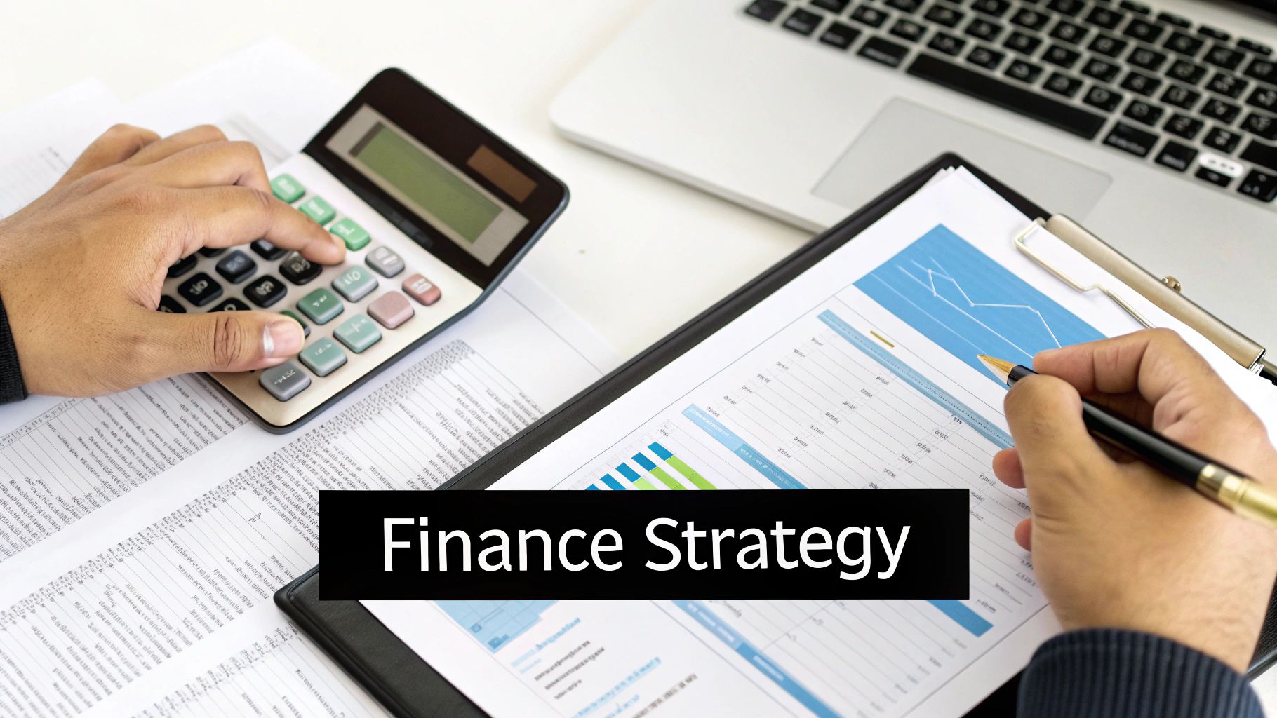 Two people working on finance strategy, one calculating with a calculator and another analyzing charts with a pen.
