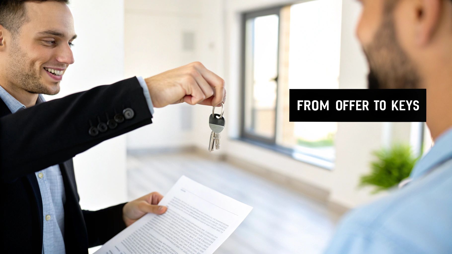 A smiling real estate agent hands keys and a document to a client in a new apartment.