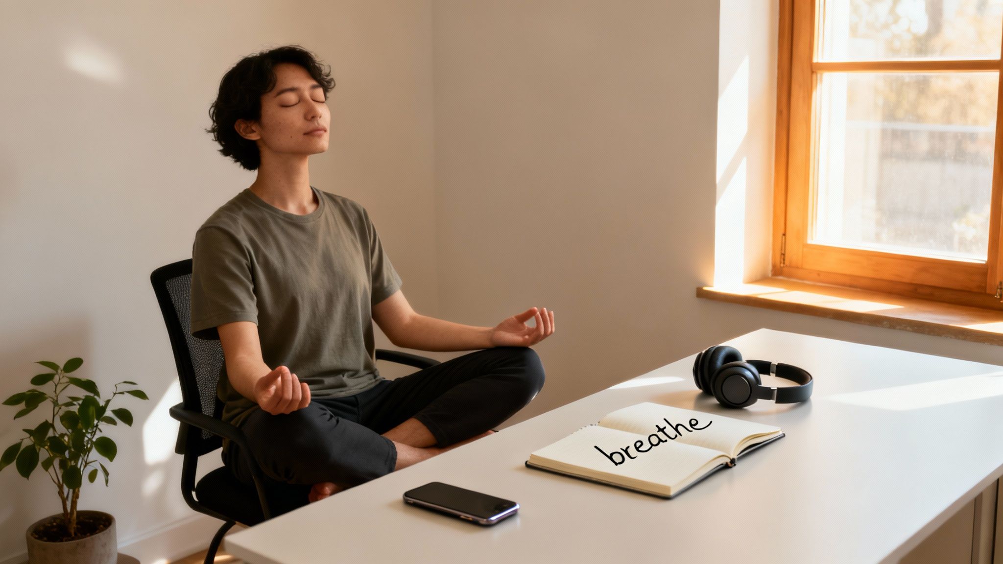A person meditates in a home office, with a notebook showing 'breathe' and headphones on the desk.