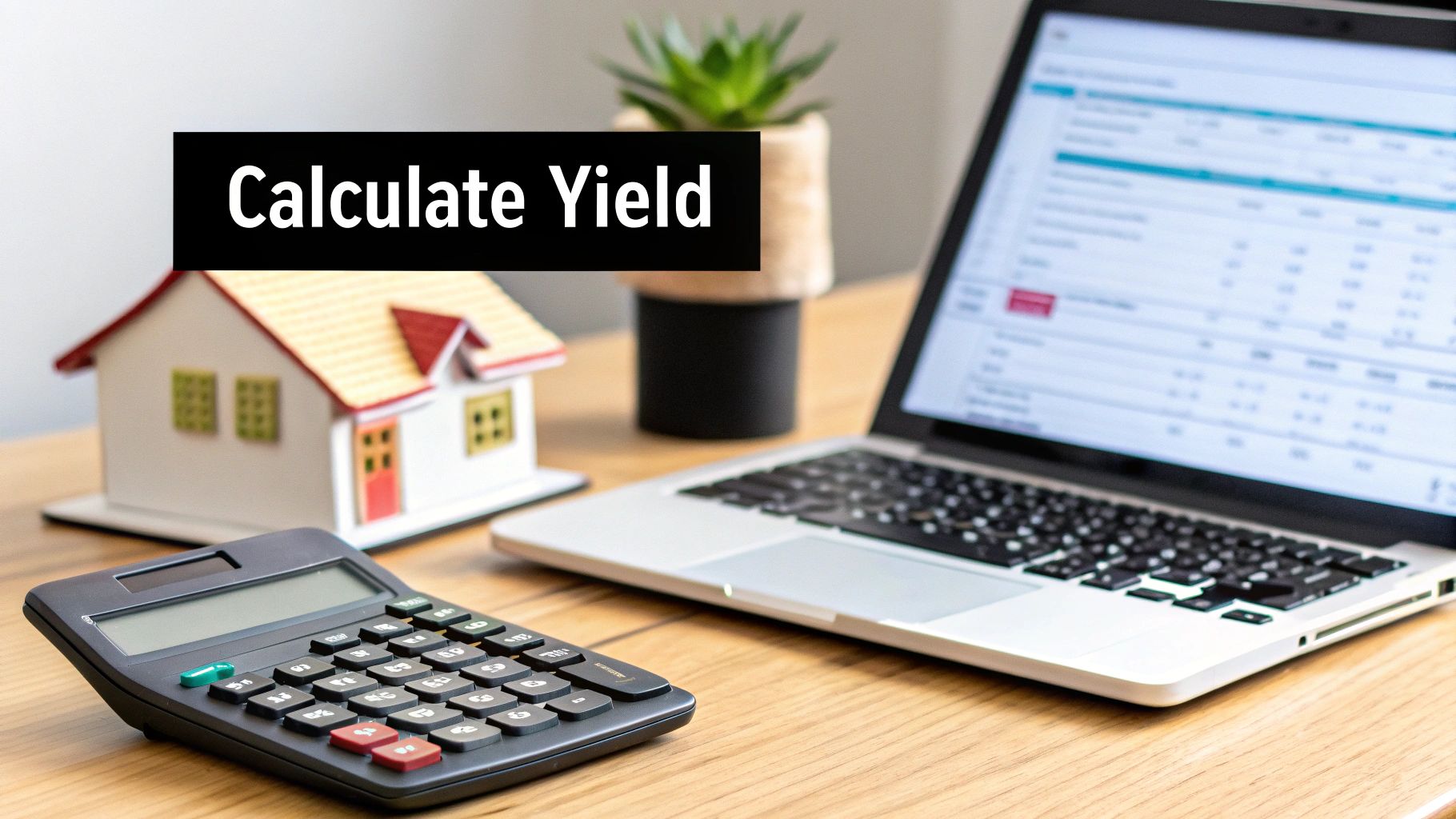 A desk with a miniature house, calculator, and laptop, with 'Calculate Yield' text overlay.