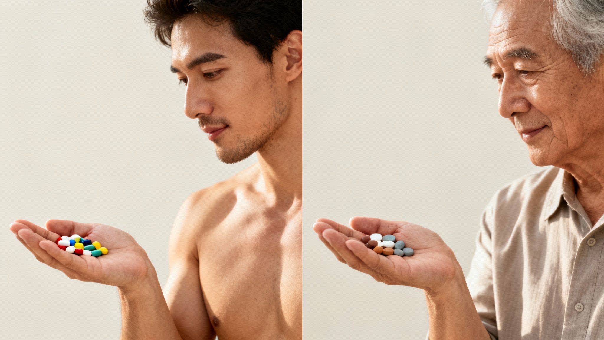 A young man and an older man each holding a handful of colorful pills, contemplating them.