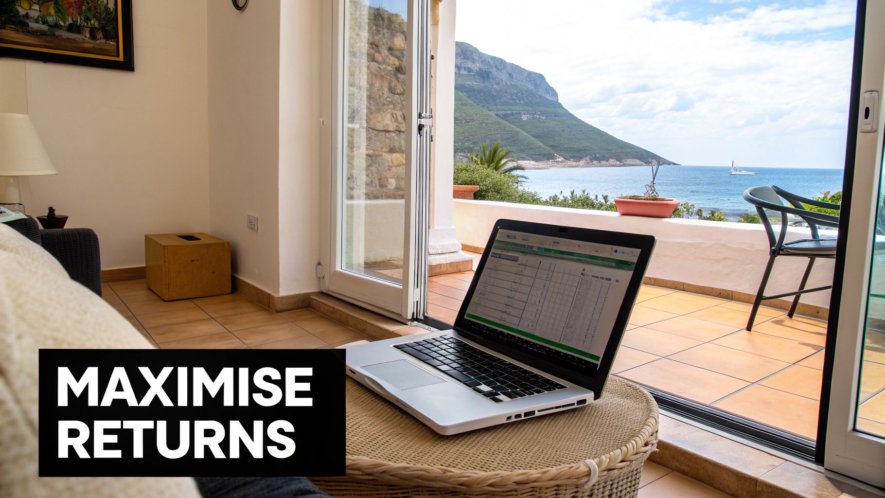 A laptop on a balcony overlooking the sea and mountains, with an indoor living space.