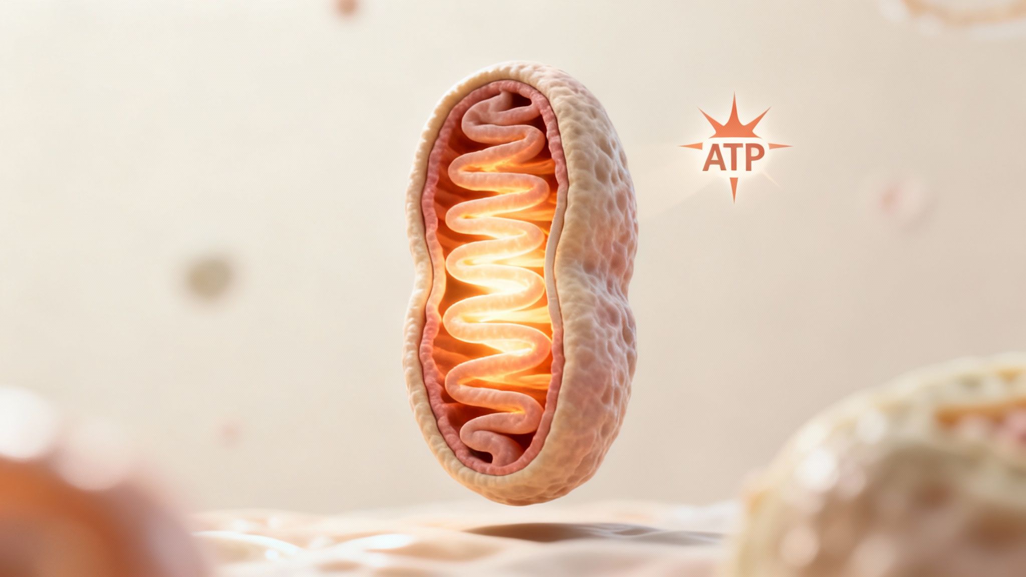 A detailed 3D rendering of a mitochondrion producing glowing ATP energy.