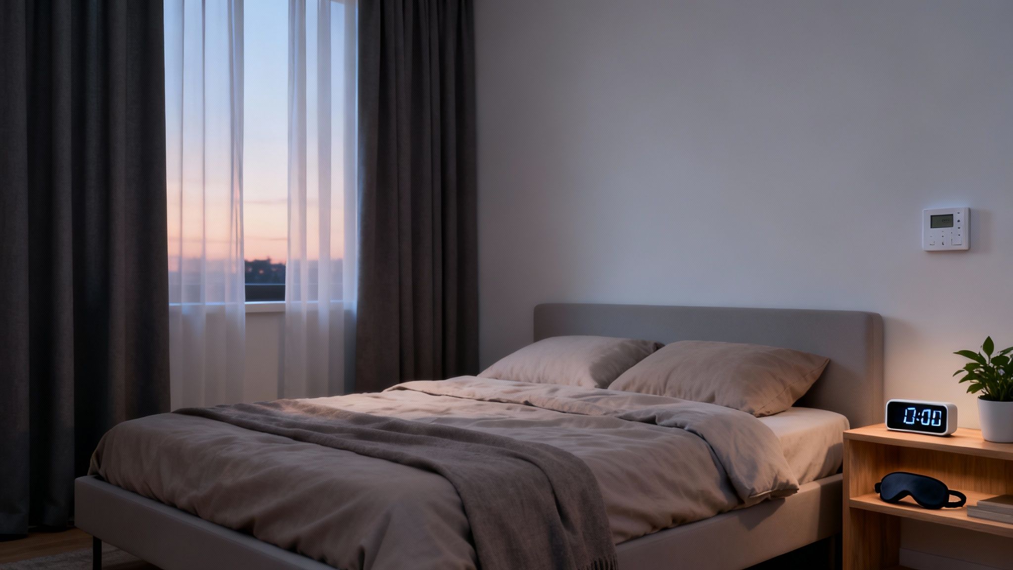 A cozy bedroom with a neatly made bed, a bedside table, an alarm clock, and window curtains revealing a sunset.