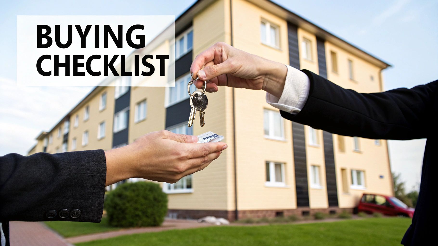 Hands exchanging keys to an apartment building, overlaid with a 'BUYING CHECKLIST' graphic.