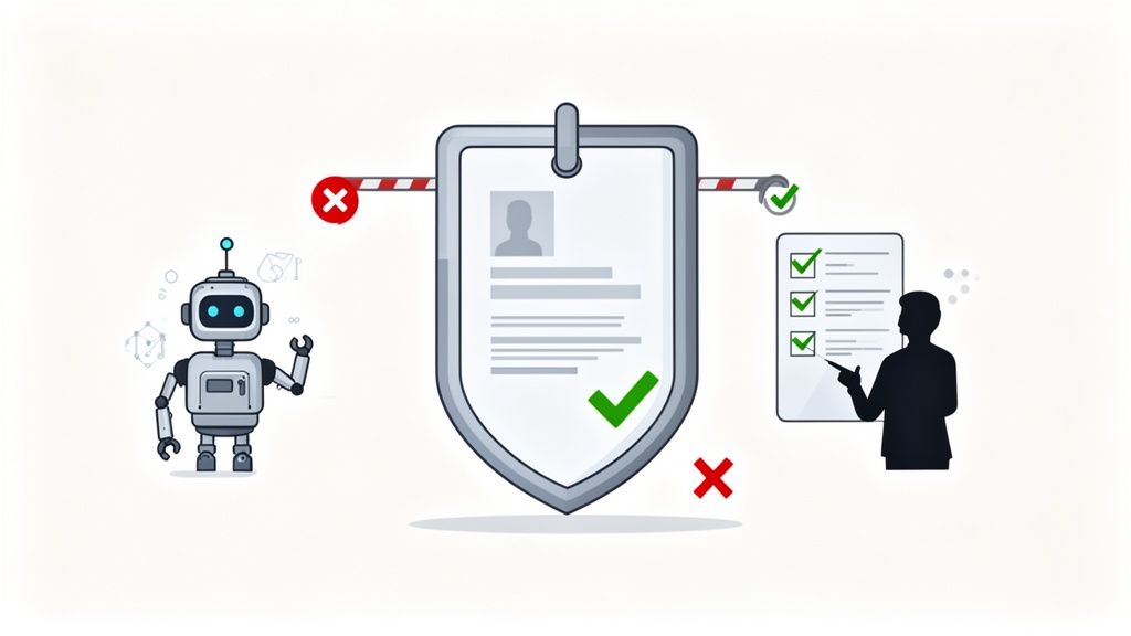 Robot and human verify a shield-shaped document and a checklist, indicating approval.