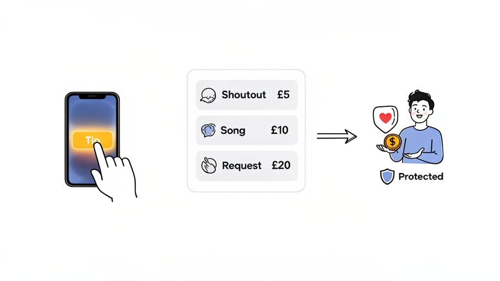 Illustration of a mobile app for tipping creators, offering options like shoutouts, songs, and requests, with protected payments.