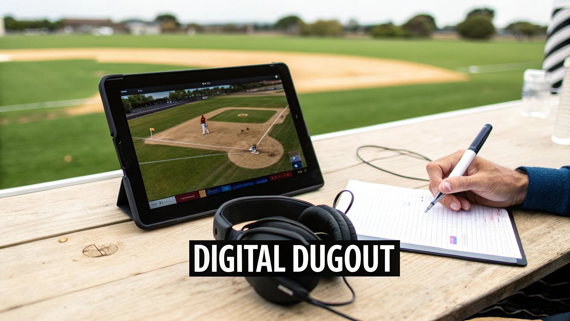 A person watching a baseball game on a tablet, taking notes, with headphones on a wooden table at a baseball field.