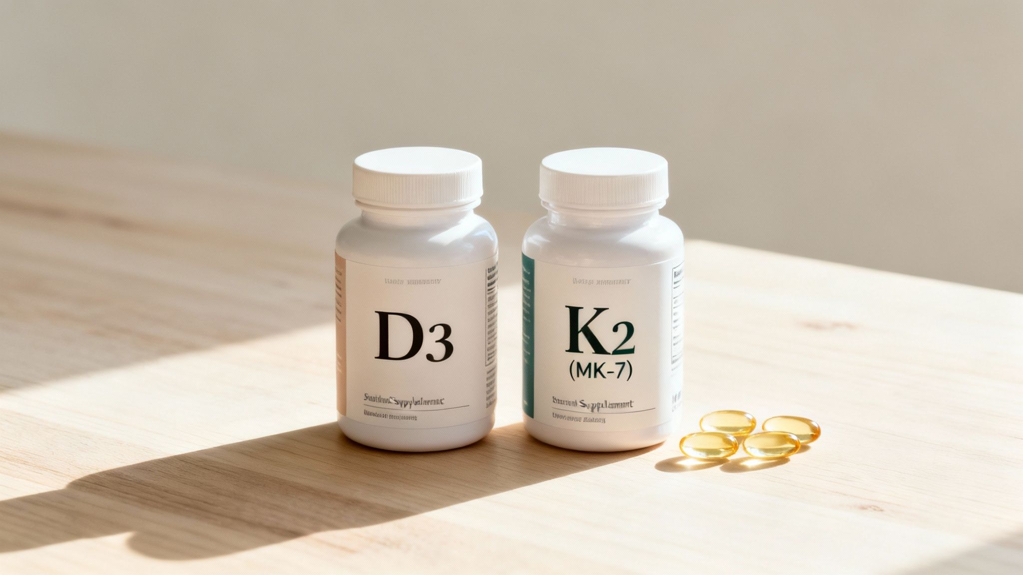 White D3 and K2 supplement bottles with yellow softgels on a light wooden surface.