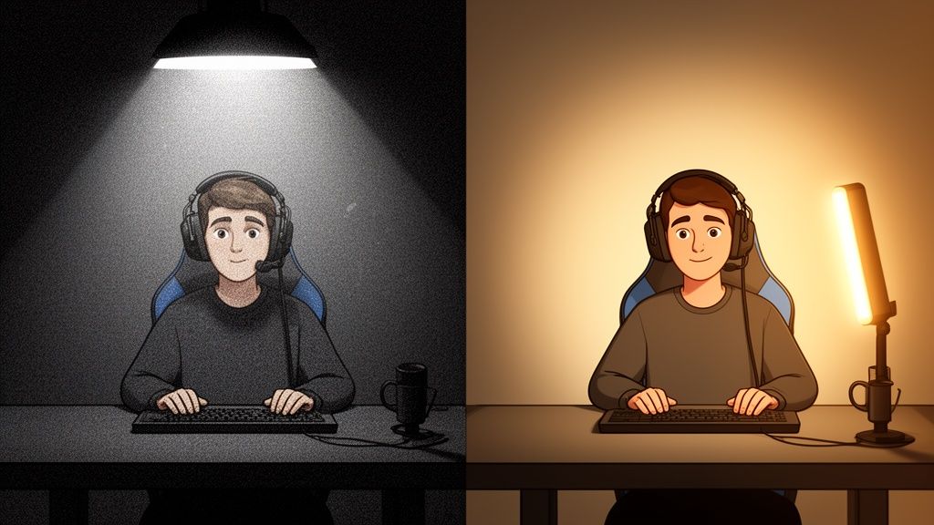 A split image showing a streamer with harsh overhead light on the left and soft LED desk light on the right.