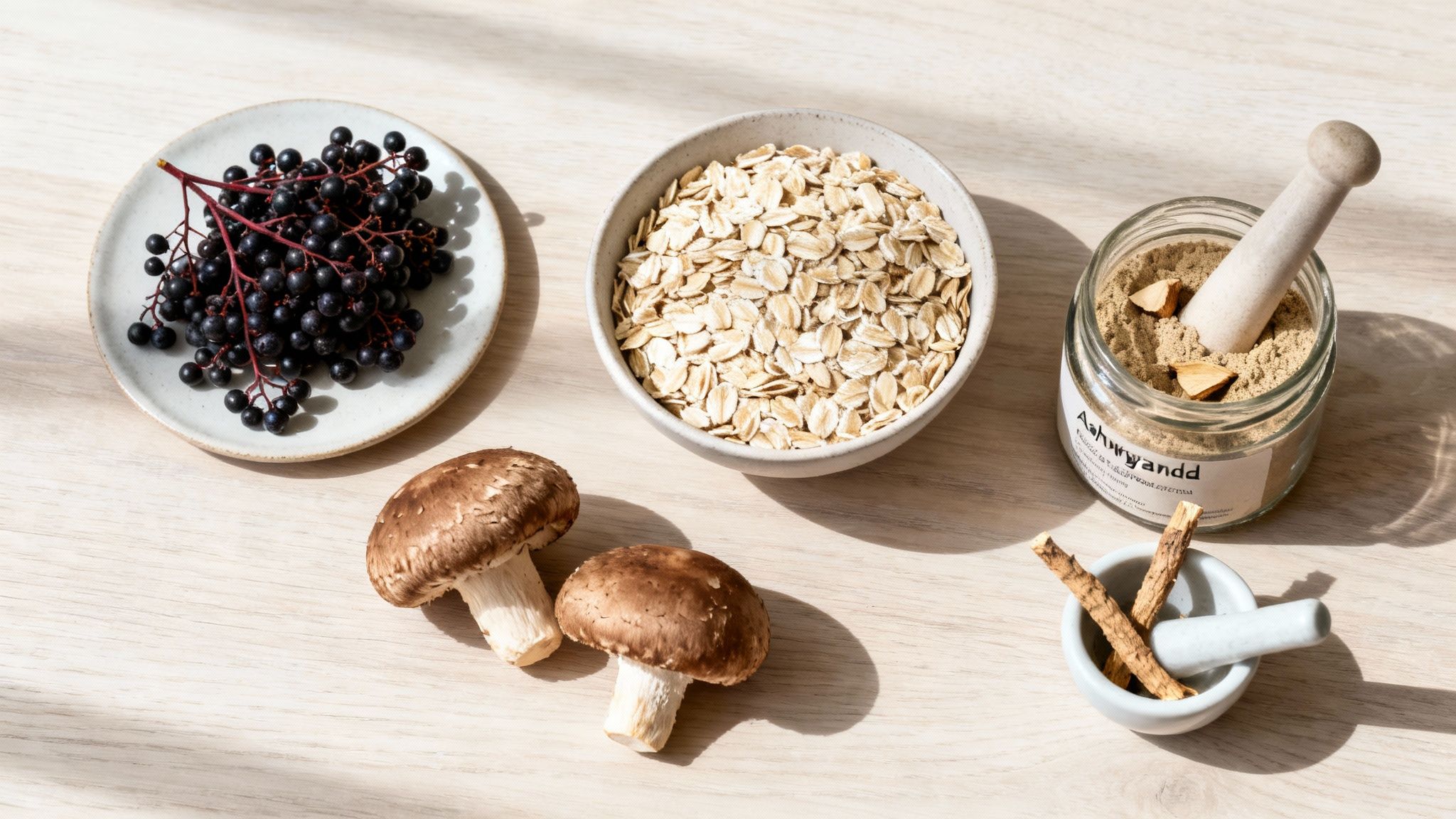 A top-down view of natural ingredients for immune support, including elderberries, oats, mushrooms, and Ashwagandha powder.