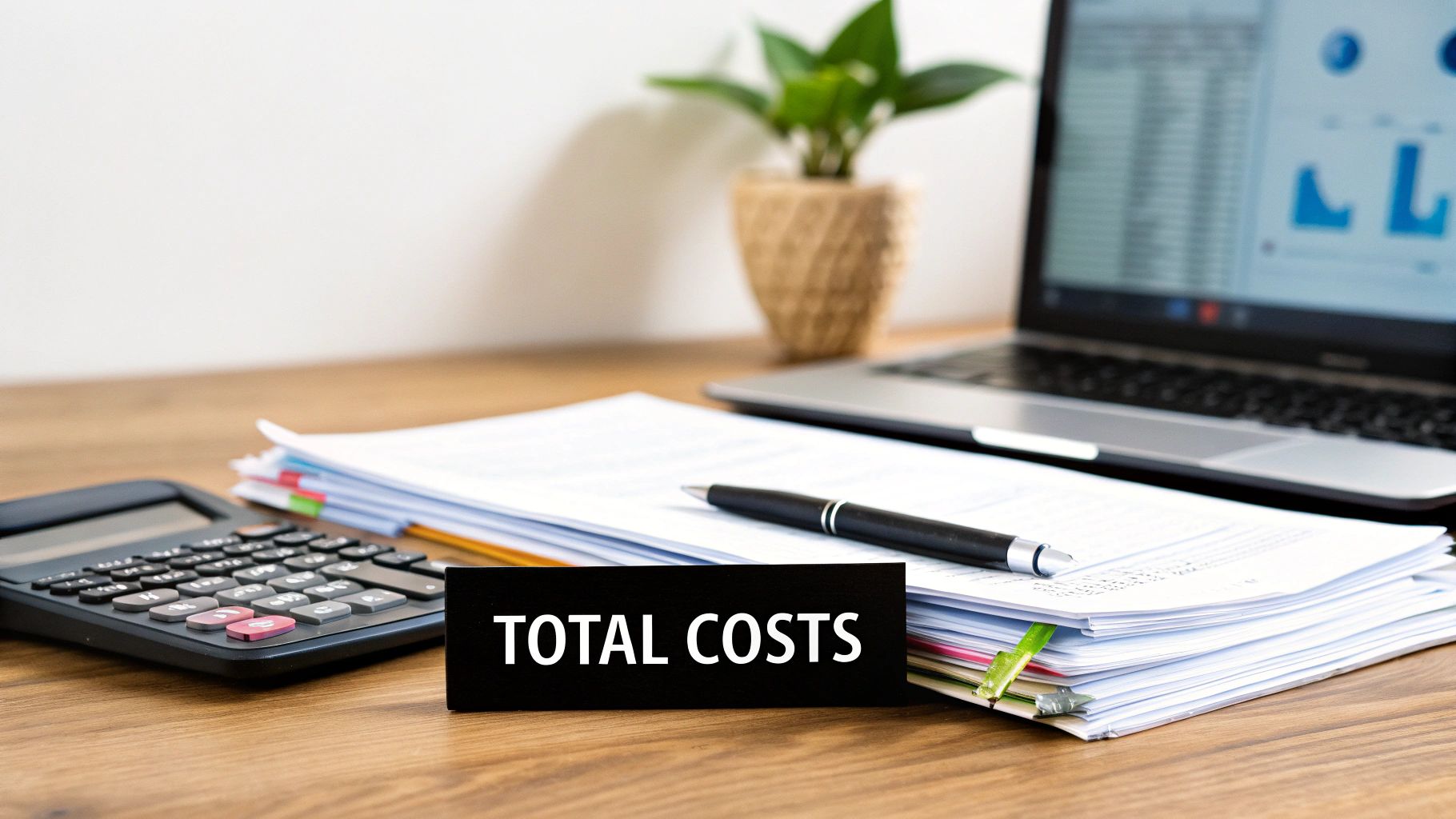 Calculator, documents, pen, and 'TOTAL COSTS' sign on a desk with a laptop displaying financial charts.