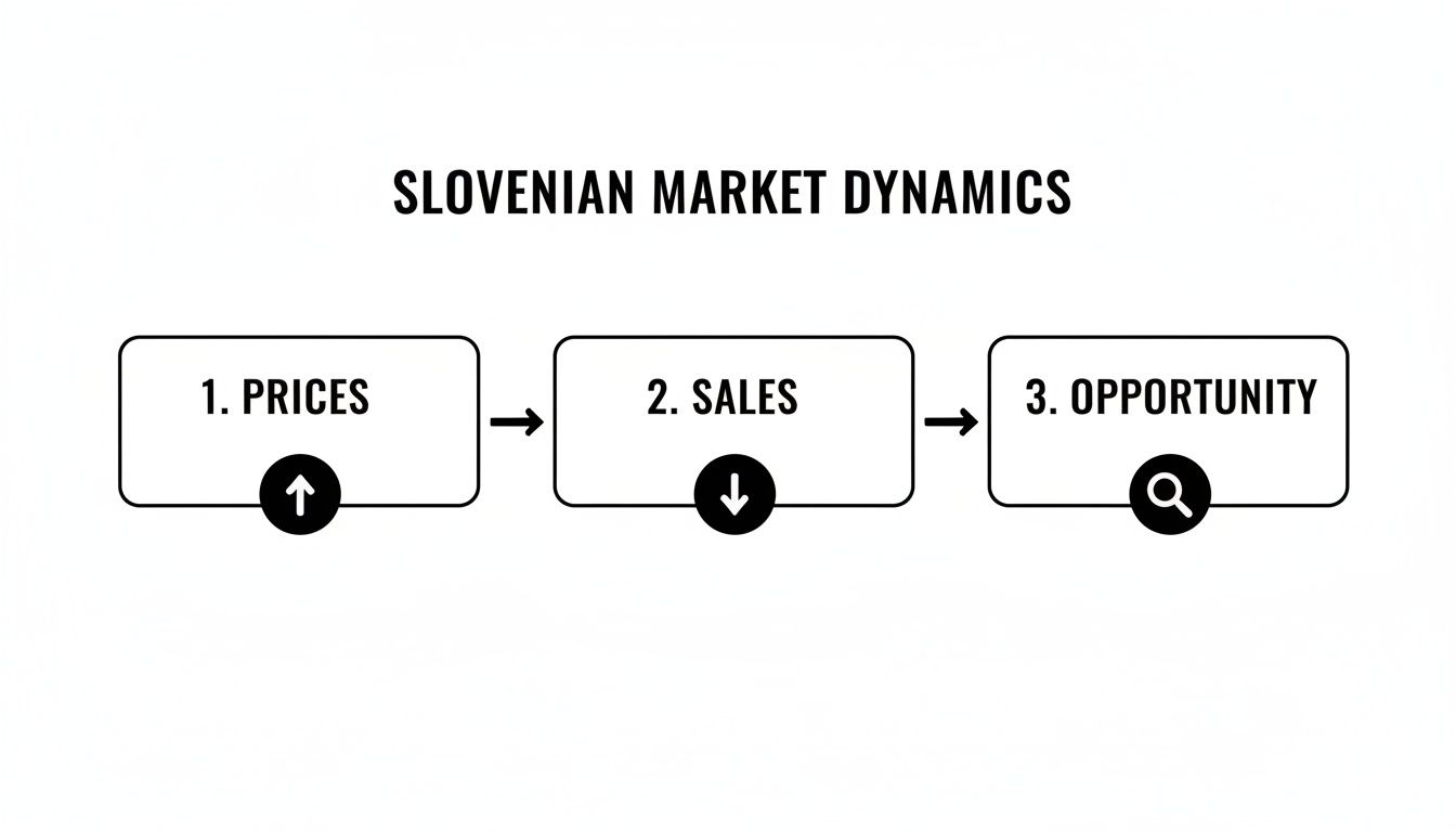Flowchart illustrating Slovenian market dynamics: rising prices lead to declining sales, creating an opportunity.
