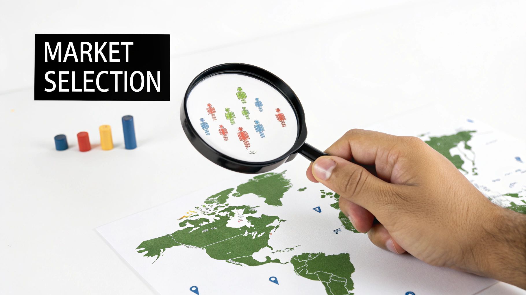 Market selection concept showing a magnifying glass over a world map with target people icons.