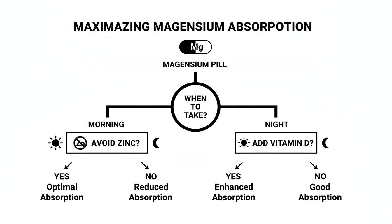 Flowchart showing how to maximize magnesium absorption by choosing timing and co-supplements.