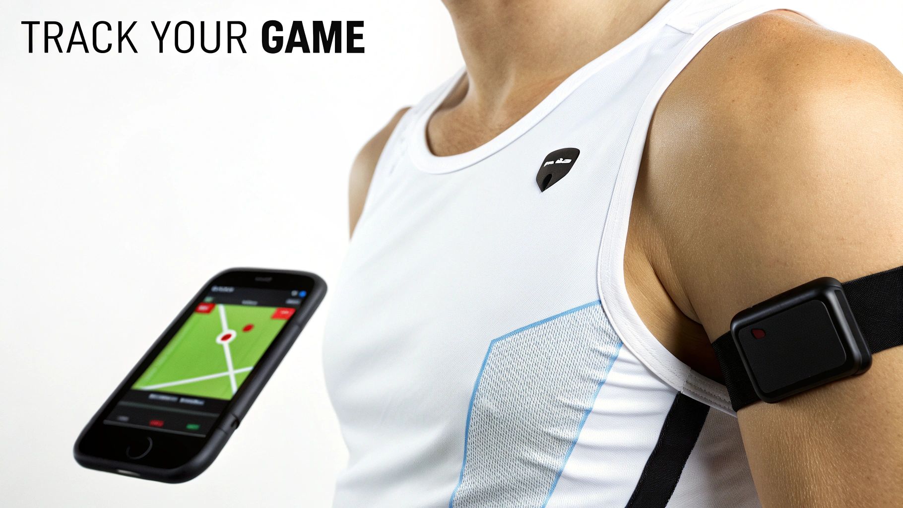 Athlete tracking game performance with an armband sensor and mobile app displaying a field map.