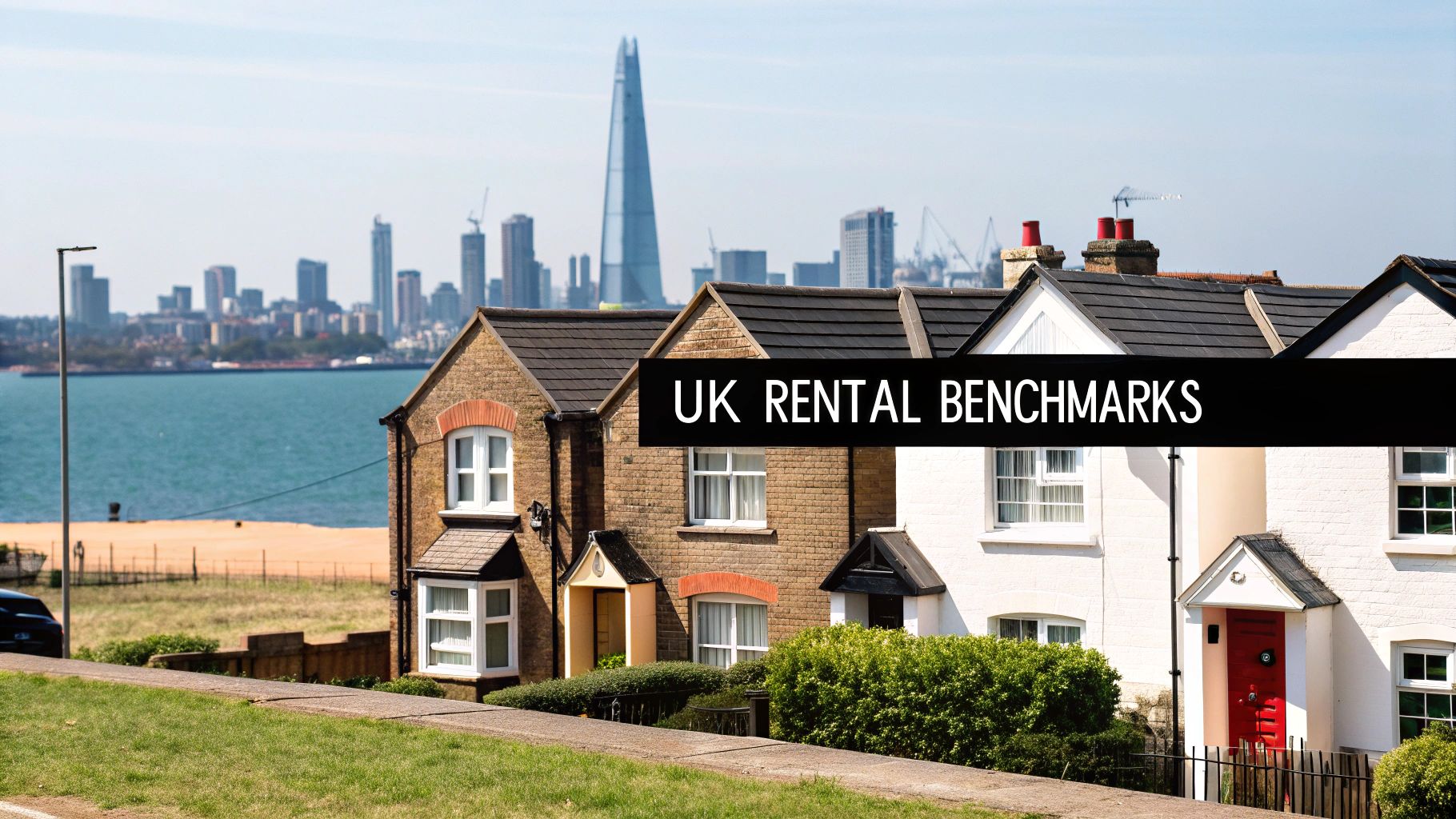Row of traditional British houses overlooking a river with the London skyline, including The Shard, in the distance.