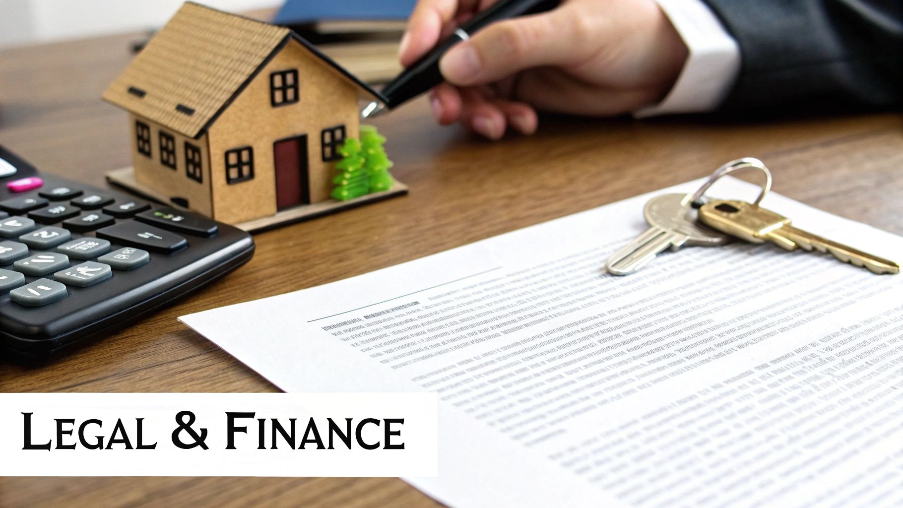 A person signs real estate documents with a model house, calculator, and keys on a desk.