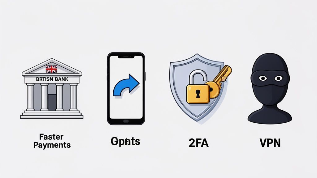 Digital illustration showing faster payments, mobile banking, 2FA, and VPN for cybersecurity.