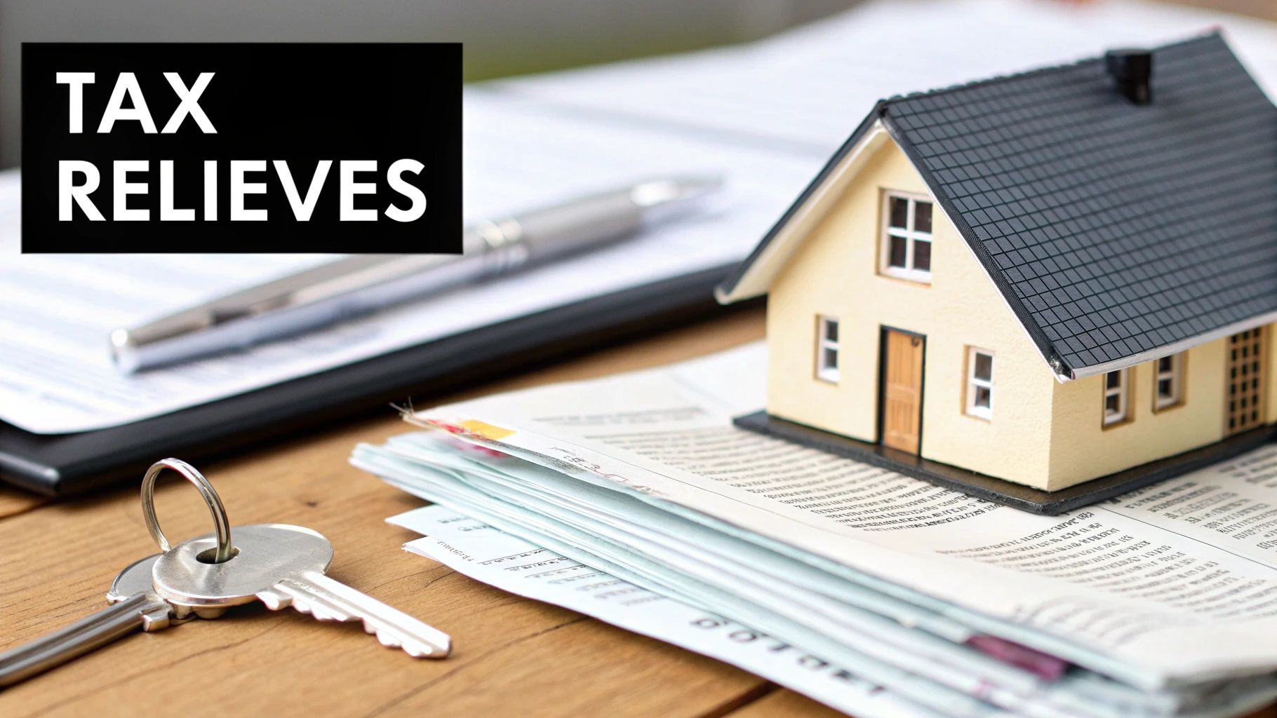 Tax relieves text with miniature house model, calculator, keys and financial documents on desk