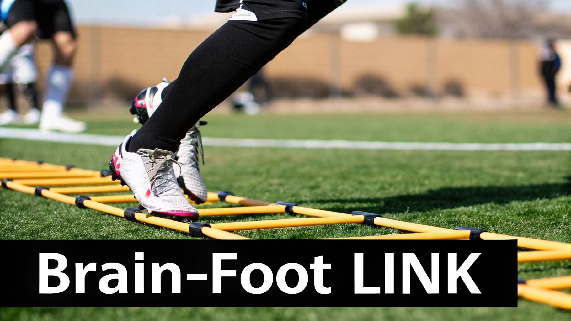 A footballer performing fast-footwork drills with a ladder for soccer on a green pitch.