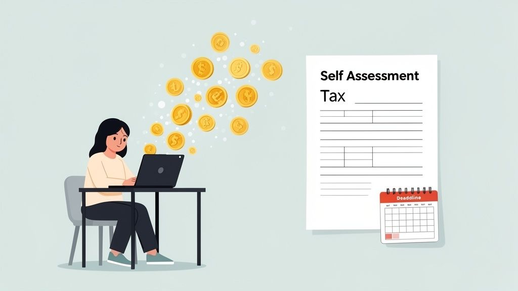 A person files self-assessment tax online, with money, a tax form, and a deadline calendar.