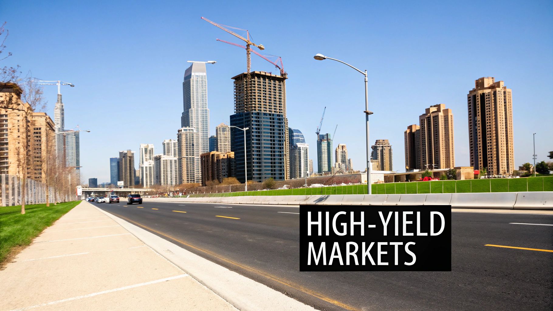 A city skyline with tall buildings, some under construction, next to a highway, overlaid with 'HIGH-YIELD MARKETS' text.