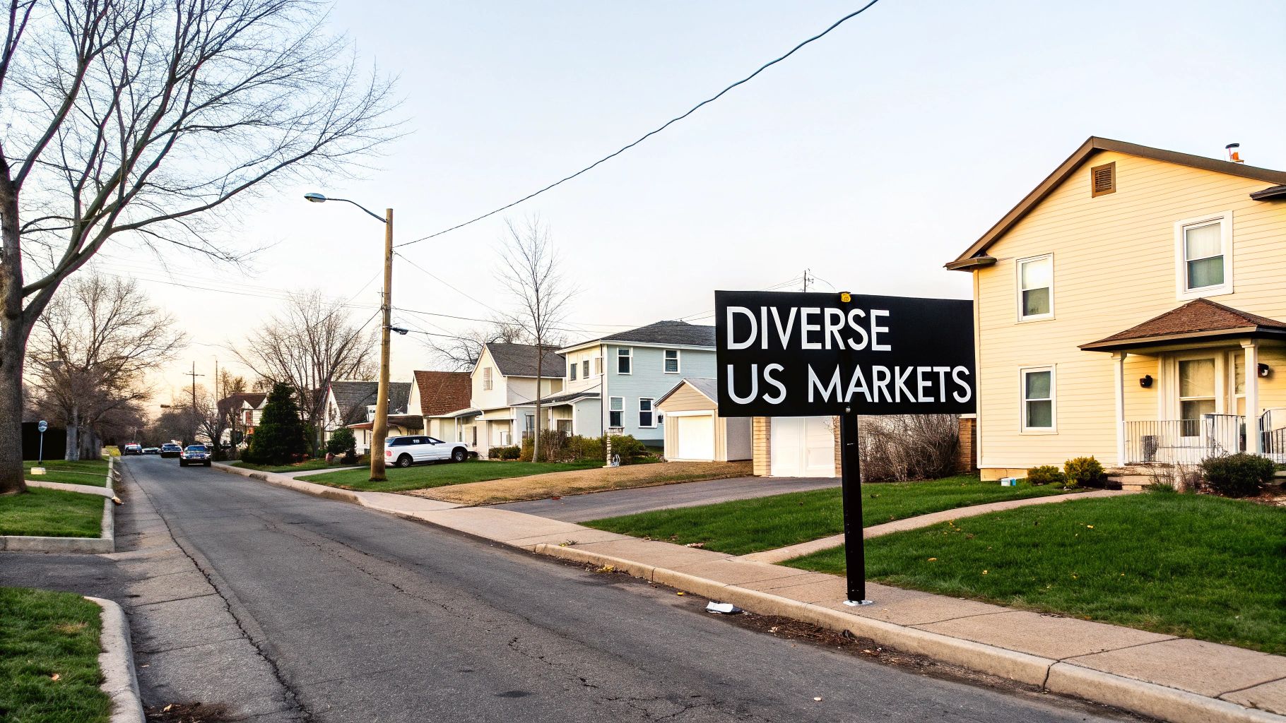 A residential street with multiple homes, bare trees, and a prominent sign for "DIVERSE US MARKETS."