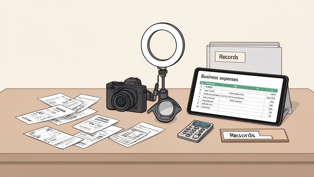 A desk with scattered business receipts, a camera, ring light, tablet showing expenses, calculator, and records.